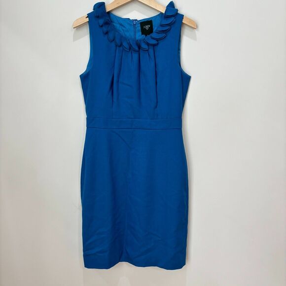 J Crew Blue Sheath Dress Size 6 Ruffles Wool Blend Career Workwear - Picture 1 of 10